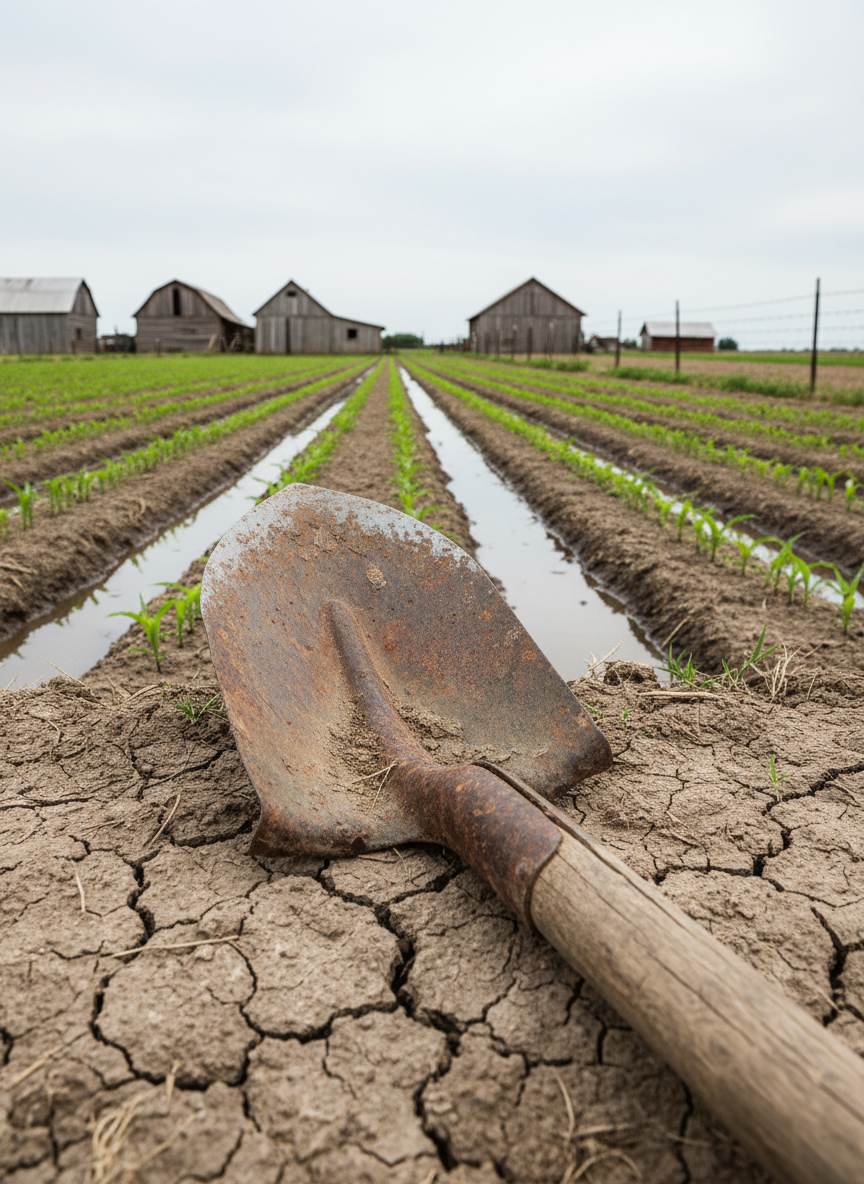A close-up photographic scene of a heavy, rust-streaked metal shovel lying unused on the edge of a tilled field, its worn wooden handle resting across a cracked, sunbaked patch of earth. In the midground, neat rows of young crops emerge in precise lines, separated by narrow irrigation channels that glint faintly with remaining water. Soft overcast daylight creates diffused, even illumination, gently emphasizing the contrast between tool and soil. The background falls into a subtle blur of distant barns and fence lines, suggesting an organized yet overburdened operation. Shot from a low, slightly angled perspective with shallow depth of field, the mood is professional, reflective, and quietly resilient, emphasizing the theme of labor without enough resources in a realistic photographic style.