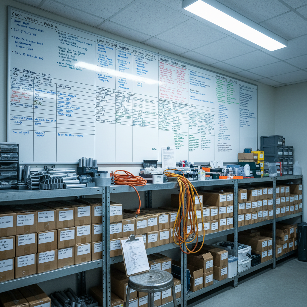 Inside a tidy but crowded barn office, a large whiteboard fills most of the wall, covered in multicolored crop schedules, fertilizer rates, and irrigation timelines written in precise handwriting. Below it, metal shelves overflow with neatly labeled soil sample boxes, moisture sensors, and coiled extension cords, while a single battered clipboard rests on a small metal stool. Overhead fluorescent lights cast a cool, consistent glow, creating crisp highlights on plastic containers and faint reflections on the whiteboard surface. The composition is slightly angled to show depth along the shelving, with sharp focus throughout. The mood is disciplined yet stretched thin, evoking a sense of constant planning with limited hands to execute, captured in clean, professional photographic realism.